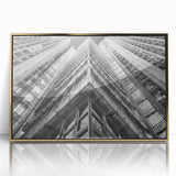 Large art print of a mid-century modernist cityscape in muted gray and blue tones on canvas, ideal for modern art wall decor.
