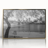 Large art print of a mid-century modernist cityscape in muted gray and blue tones, ideal for modern art wall decor.