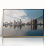 Large art print of a mid-century modernist cityscape in muted greens and browns on canvas, ideal for modern art wall decor.