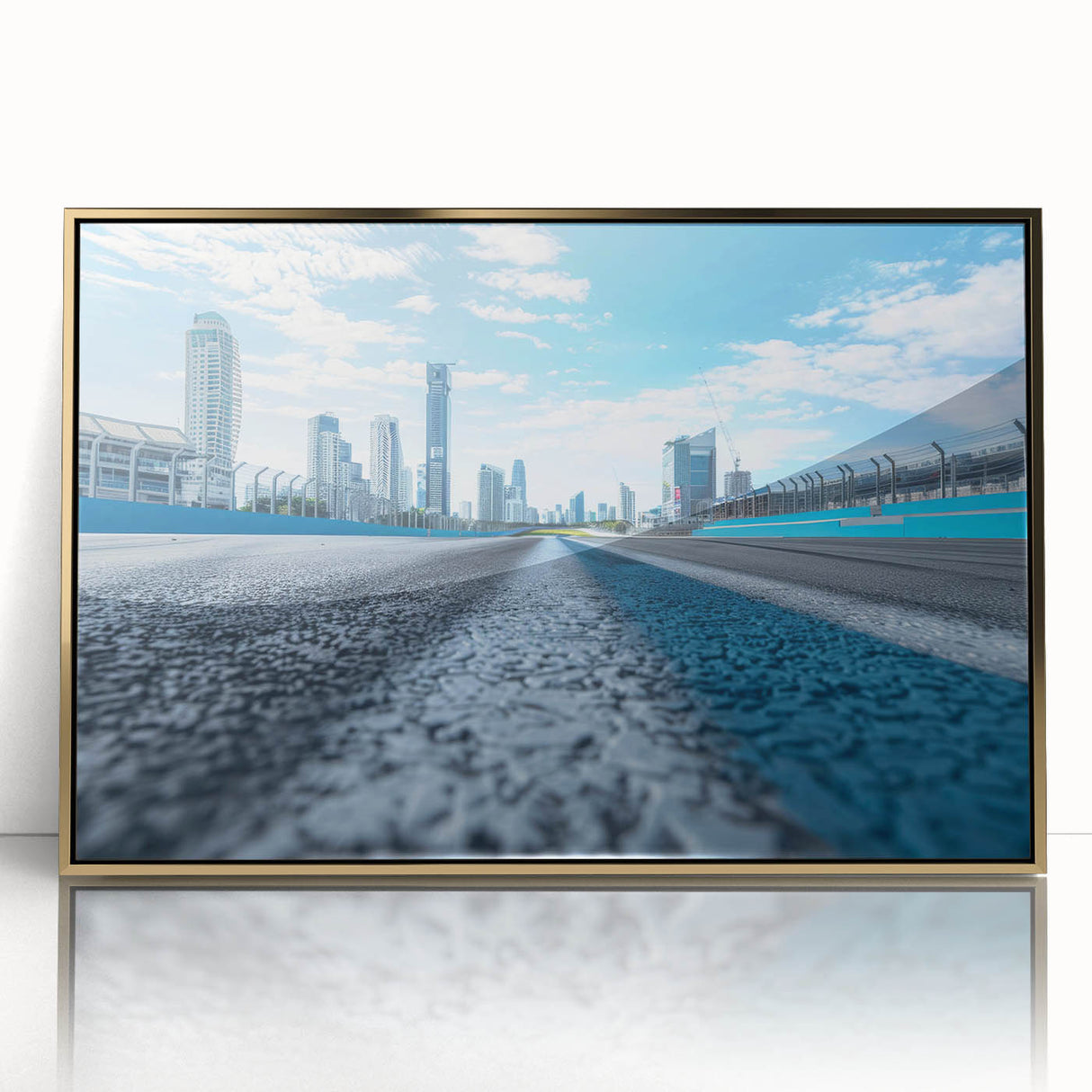 Large art print of a mid-century modernist cityscape in muted gray and blue tones on canvas.