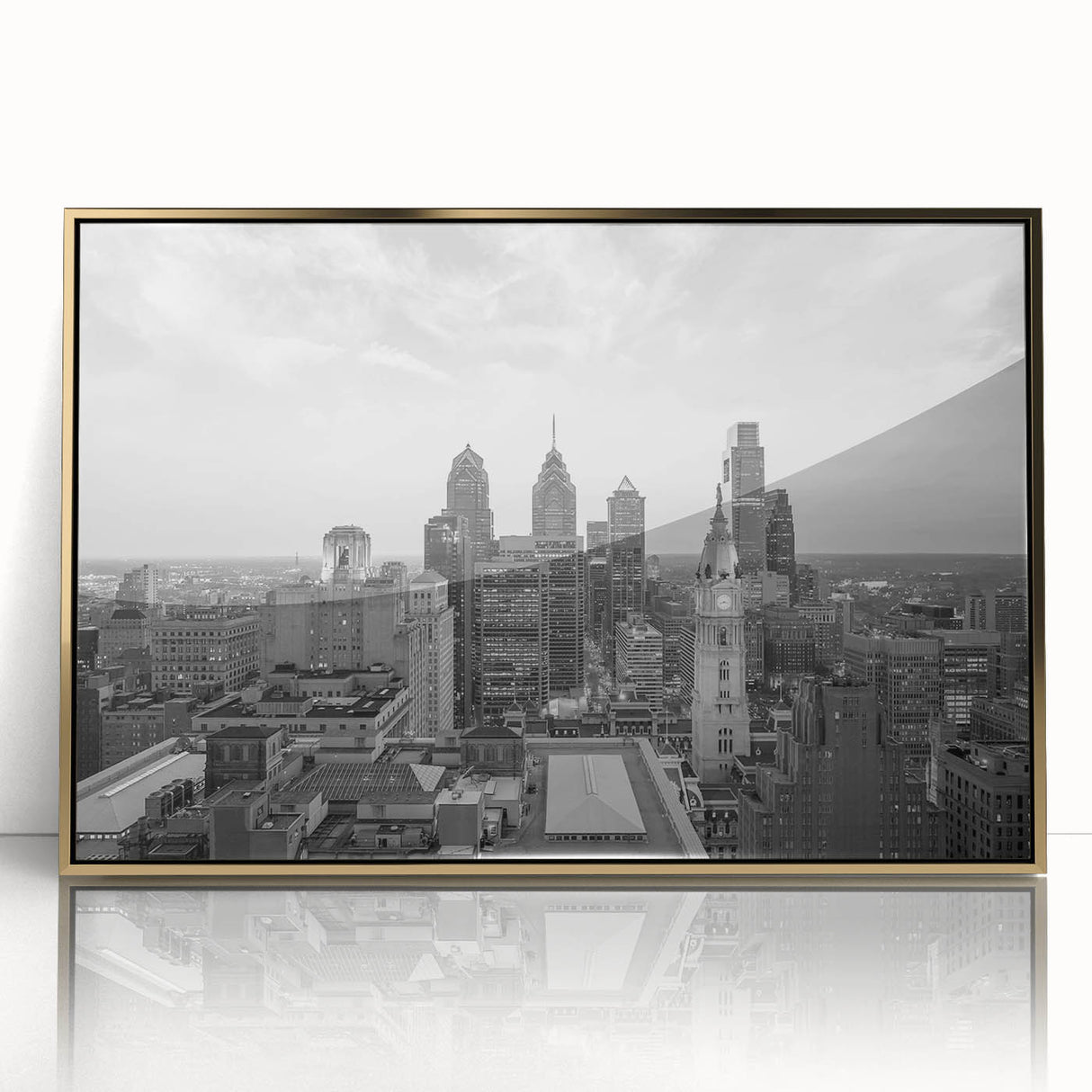 Large art print of a mid-century modernist cityscape in muted gray and blue tones on canvas.