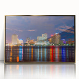 Large art print of a mid-century modernist cityscape in muted gray and blue tones.