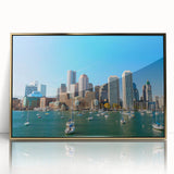 Large art print of a mid-century modernist abstract design in muted blue and gray tones on canvas.