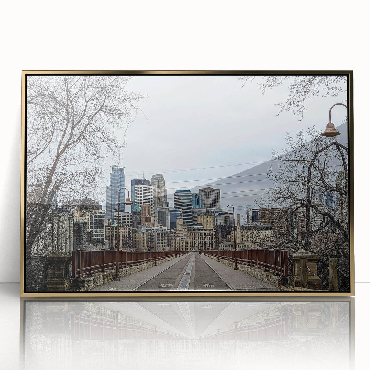Large art print of a mid-century modernist cityscape in muted gray and blue tones on canvas, ideal for modern art wall decor.