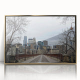 Large art print of a mid-century modernist cityscape in muted gray and blue tones on canvas, ideal for modern art wall decor.