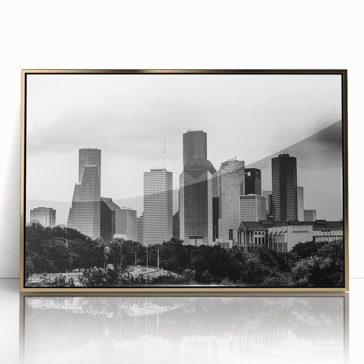 Large art print of a mid-century modernist cityscape in muted gray and blue tones on canvas, ideal for modern art wall decor.