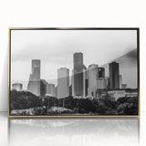 Large art print of a mid-century modernist cityscape in muted gray and blue tones on canvas, ideal for modern art wall decor.
