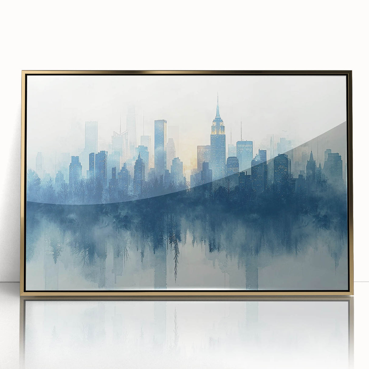 Large art print of a mid-century modernist style abstract design in cool blue and gray tones on canvas.