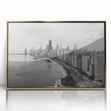 Large art print of a mid-century modernist cityscape in muted earth tones, ideal for modern nursery wall decor.