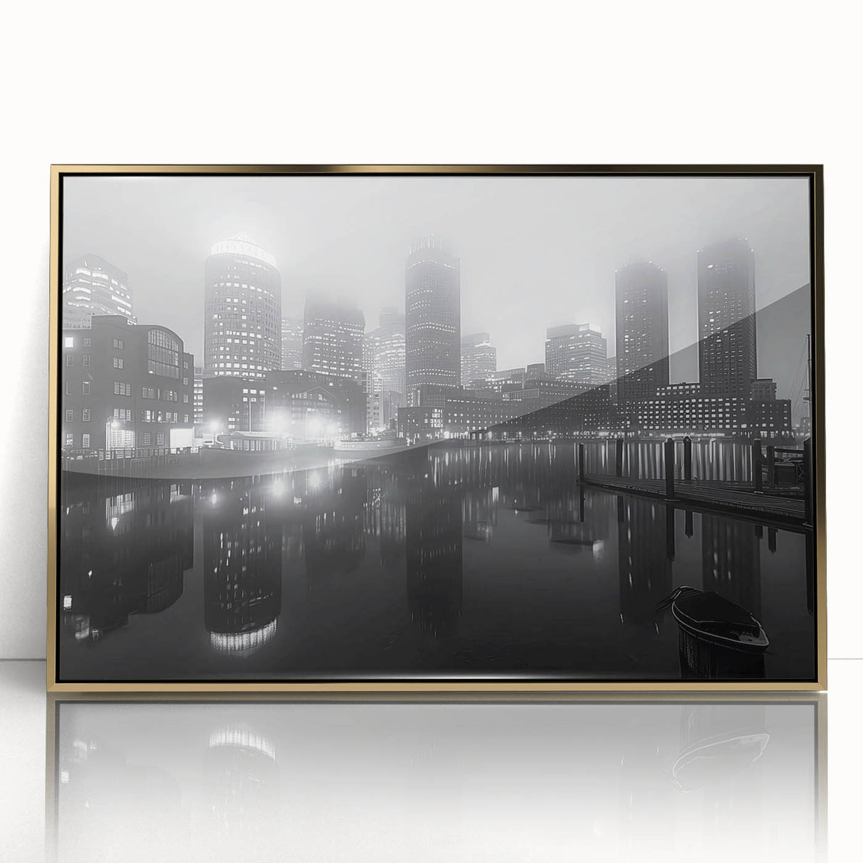 Large art print of a mid-century modernist cityscape in muted gray and blue tones on canvas.