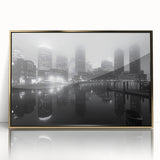 Large art print of a mid-century modernist cityscape in muted gray and blue tones on canvas.