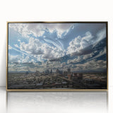 Large art print featuring a mid-century modernist style with geometric shapes in muted earth tones on canvas.