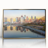 Large art print of a mid-century modernist abstract design in cool blue and green tones on canvas.