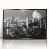 Large art print of an abstract, mid-century modernist design in pastel colors on canvas, suitable for nursery wall art.