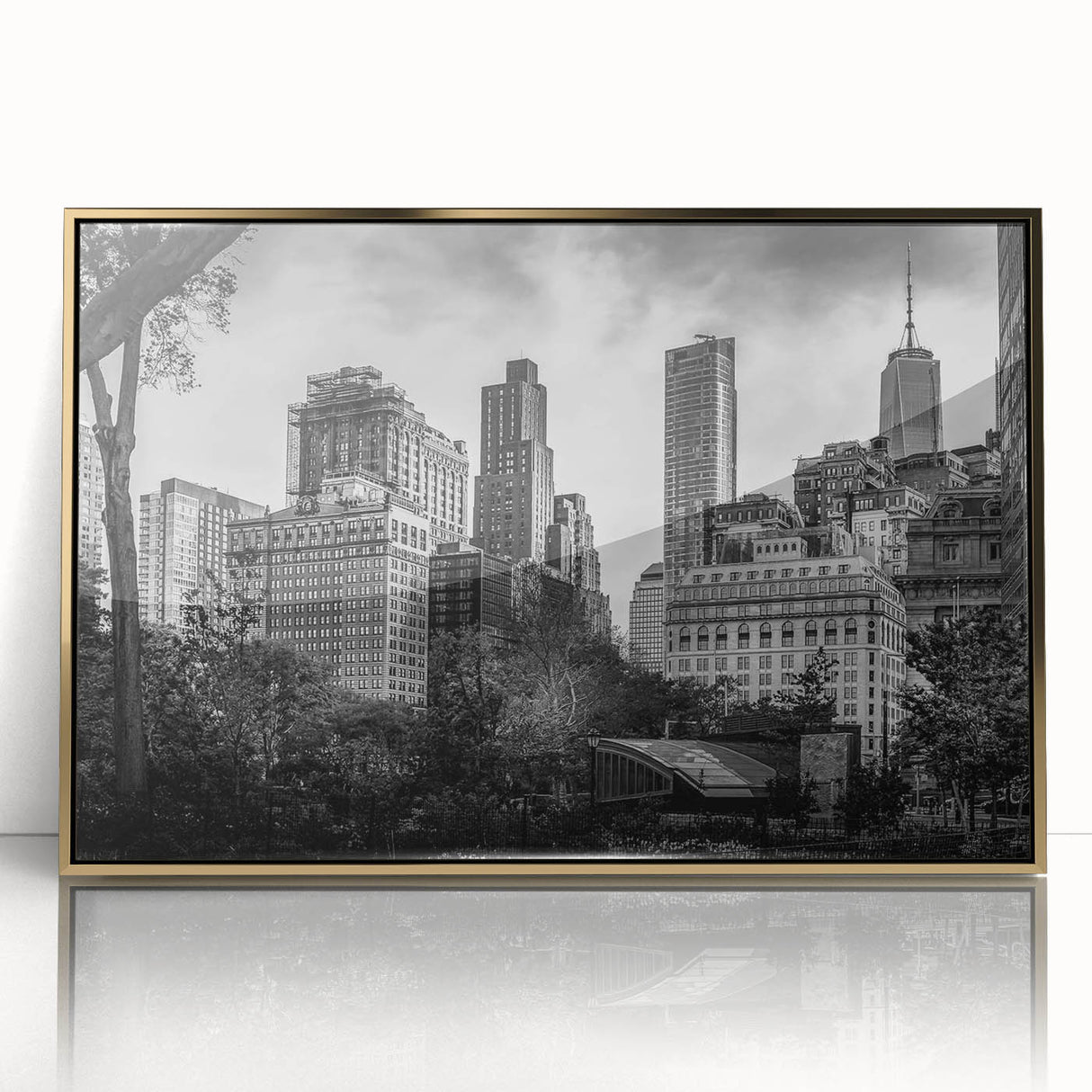 Large art print of a mid-century modernist cityscape in muted gray and blue tones, ideal for modern art wall decor.