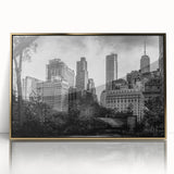 Large art print of a mid-century modernist cityscape in muted gray and blue tones, ideal for modern art wall decor.