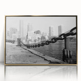 Large art print of a mid-century modernist abstract design in muted earth tones on canvas.