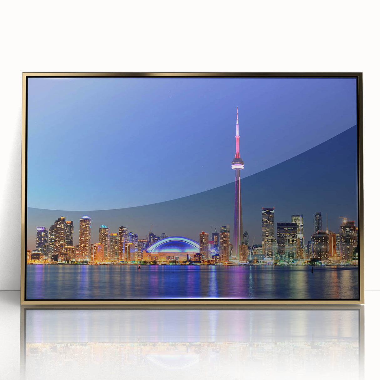 Large art print of a mid-century modernist abstract design in muted blues and oranges on canvas.