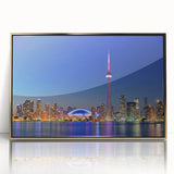 Large art print of a mid-century modernist abstract design in muted blues and oranges on canvas.