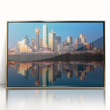 Large art print of a mid-century modernist cityscape in muted earth tones on canvas, suitable for modern nursery decor.
