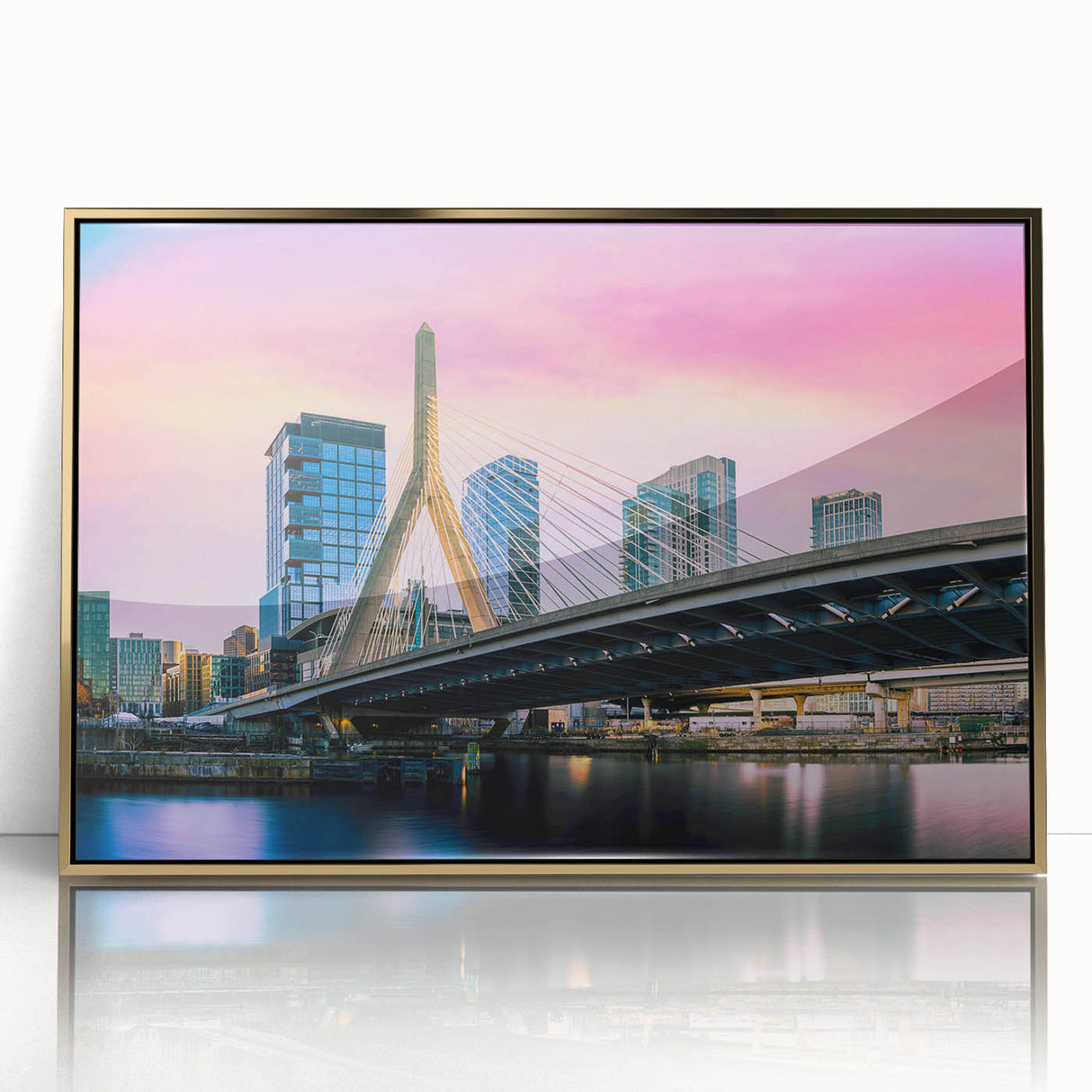 Large art print featuring a mid-century modernist cityscape in muted gray and blue tones.