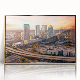 Large art print of a mid-century modernist abstract design in muted earth tones on canvas.