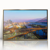 Large art print featuring a mid-century modernist style abstract design in cool blue and green tones on canvas.