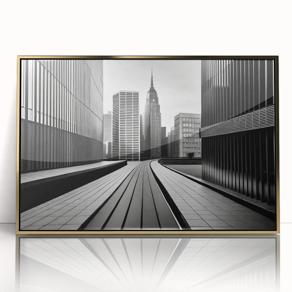 Large art print of a mid-century modernist geometric design in muted pastel shades on canvas.