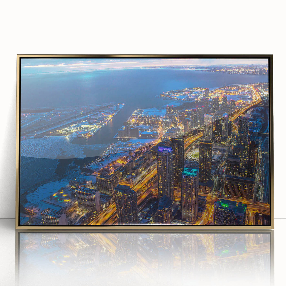 Large art print of a mid-century modernist cityscape in muted orange and teal tones on canvas.