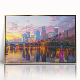 Large art print of a mid-century modernist abstract design in soft pastel colors on canvas, suitable for nursery wall art.