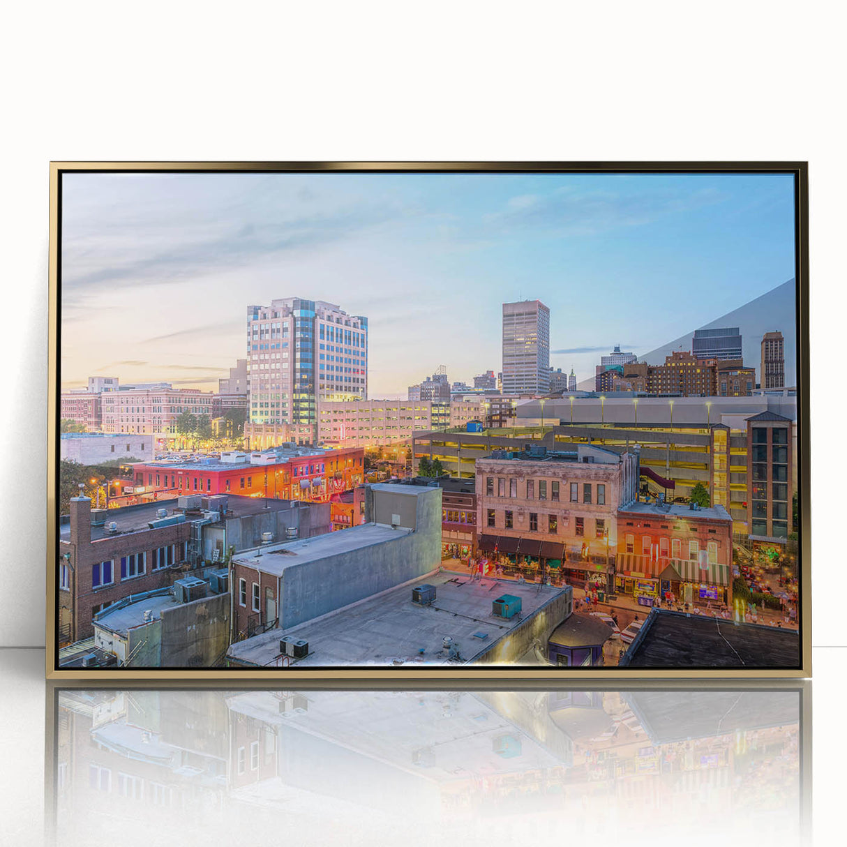 Large art print of a mid-century modernist abstract design in muted blue and orange tones.