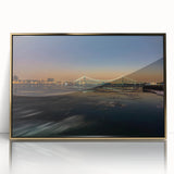 Large art print featuring a mid-century modernist abstract design in muted blue and orange tones.