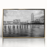 Large art print of a mid-century modernist abstract design in muted orange and brown tones on canvas.