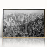Large art print of a mid-century modernist cityscape in muted earth tones.