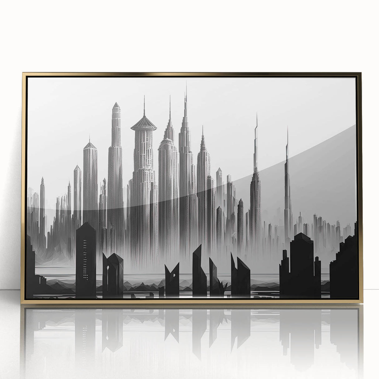 Large art print of a mid-century modernist cityscape in muted earth tones on canvas, suitable for modern art wall decor.