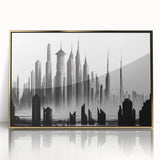 Large art print of a mid-century modernist cityscape in muted earth tones on canvas, suitable for modern art wall decor.