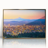 Large art print of a mid-century modernist cityscape in muted gray and blue tones on canvas, suitable for nursery wall art.