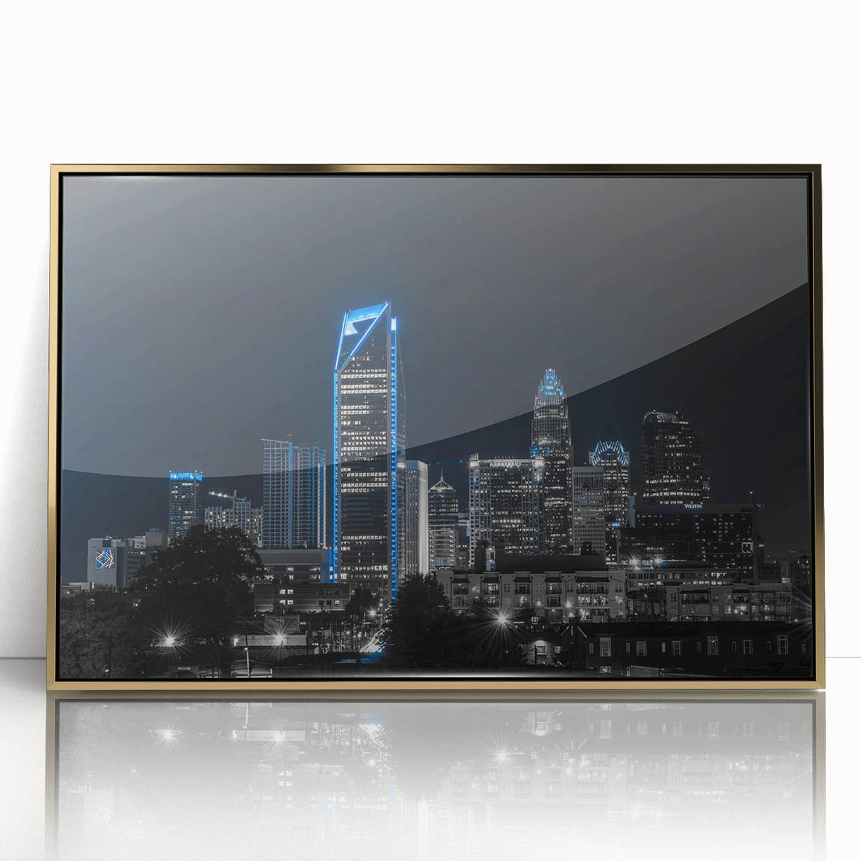 Large art print featuring a mid-century modernist style cityscape in muted earth tones.
