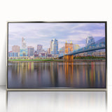 Mid-century modernist art poster featuring geometric shapes in muted earth tones, printed on framed canvas.