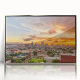 Mid-century modernist art poster featuring geometric shapes in muted pastel colors on acrylic print.