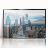 Mid-century modernist art poster featuring geometric shapes in muted orange and blue on acrylic print.