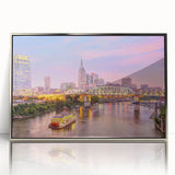 Mid-century modernist art poster featuring geometric shapes in vibrant orange and teal, ideal for nursery wall decor.