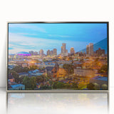 Mid-century modernist art poster featuring geometric shapes in muted pastels, ideal for nursery wall decor.