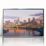 Mid-century modernist art poster featuring geometric shapes in muted pastel shades on canvas, ideal for nursery wall art.