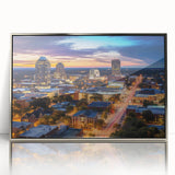 Mid-century modernist art poster featuring geometric shapes in muted gray and blue tones on canvas.