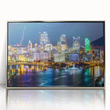 Mid-century modernist art deco poster featuring geometric shapes in muted pastel colors on canvas.