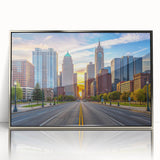 Mid-century modernist art poster featuring geometric shapes in muted pastel colors, printed on canvas.