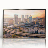 Mid-century modernist art depicting geometric shapes in pastel shades on a framed poster, suitable for nursery wall art.