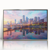 Mid-century modernist art deco poster featuring geometric shapes in muted blue and pink tones, ideal for nursery wall decor.