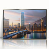 Mid-century modernist art print featuring abstract geometric shapes in muted earth tones.